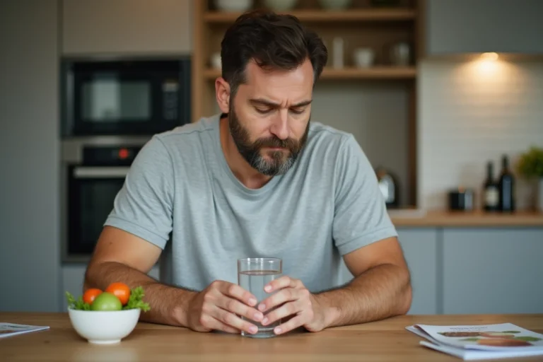 Homme tenant un verre d'eau à table avec des légumes frais pour réduire le taux de CDT en adoptant une bonne hydratation