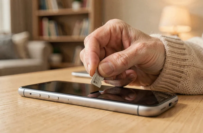 Mains de femme senior insérant une carte microSD dans un téléphone Doro sur une table en bois
