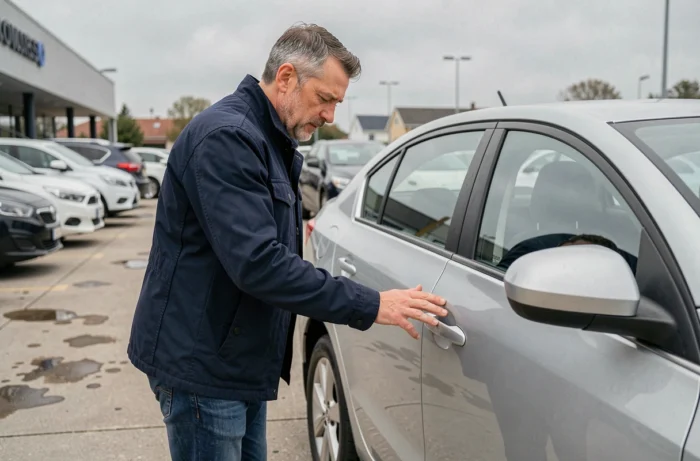 Homme inspectant la carrosserie d'une voiture d'occasion dans un parking de concessionnaire