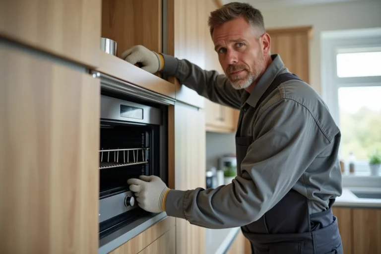 Installateur professionnel en train d'encastrer un four dans un meuble de cuisine en bois clair, gants de sécurité aux mains
