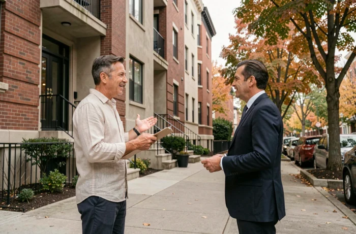 Investisseur immobilier et agent discutant devant un immeuble résidentiel dans une rue urbaine arborée