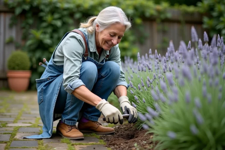 Femme jardinière examinant un plant de nepeta dans un jardin de cottage avec des pavés en pierre et des pots en terre cuite