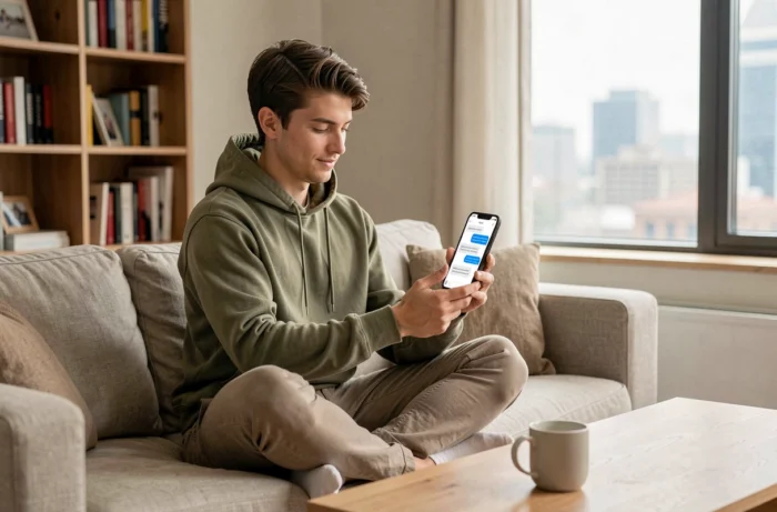 Jeune professionnel utilisant une application IA sur smartphone dans un salon contemporain