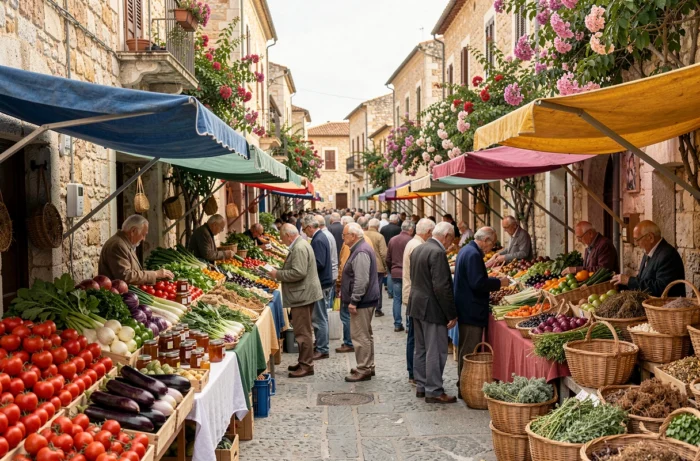 Vue panoramique d'un marché traditionnel animé dans une ville du nord de la Sardaigne avec étals de légumes, miel et paniers artisanaux