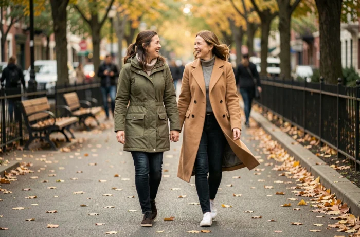 Dos mujeres caminando y conversando alegremente en un parque urbano en otoño para un estilo de vida activo