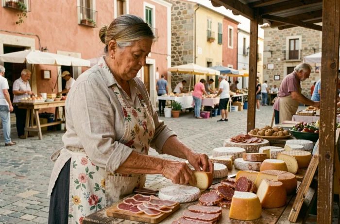 Vendeuse sarde arrangeant fromages et charcuteries artisanales sur un étal de marché en plein air dans un village du nord de la Sardaigne