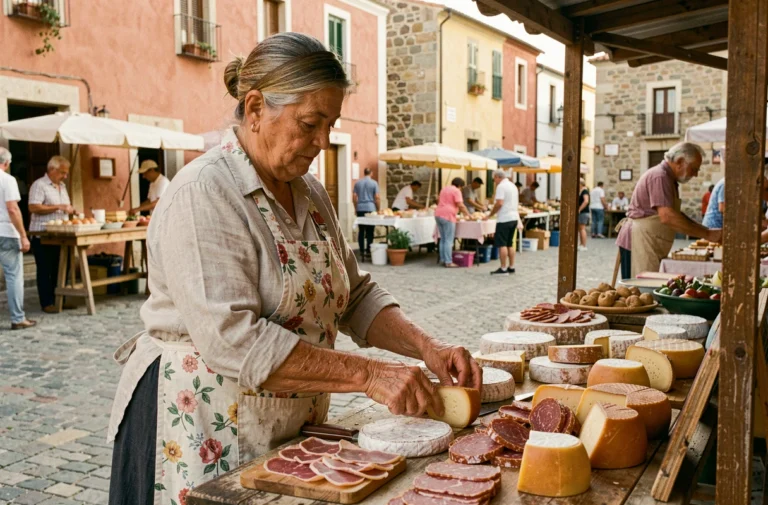 Vendeuse sarde arrangeant fromages et charcuteries artisanales sur un étal de marché en plein air dans un village du nord de la Sardaigne