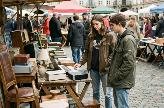 Deux jeunes adultes explorant un marché de seconde main et d'objets reconditionnés, pratique clé de l'économie circulaire pour réduire les déchets