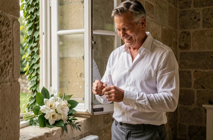 Moment intime d'un marié ajustant son alliance en or près d'une fenêtre en pierre d'un château français