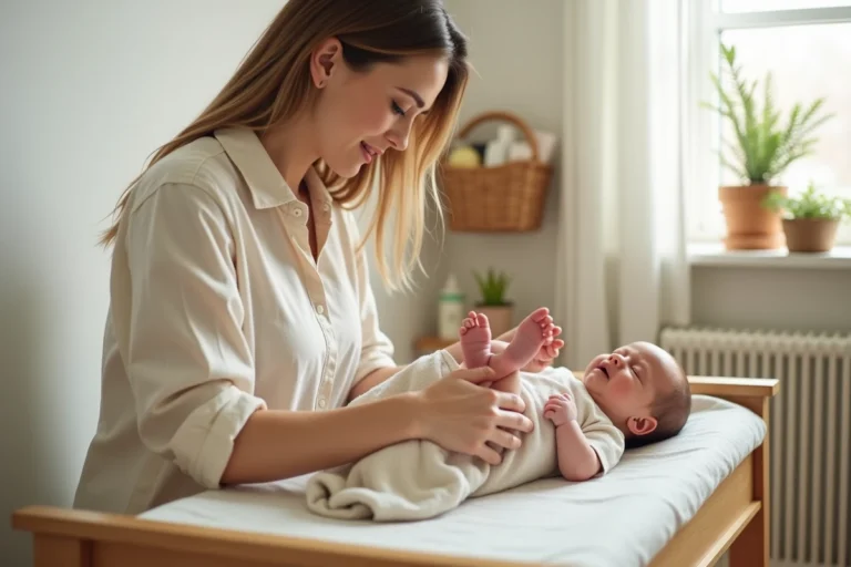 Jeune maman massant doucement les pieds de son bébé avec une huile naturelle sur une table à langer en bois dans une chambre bébé apaisante