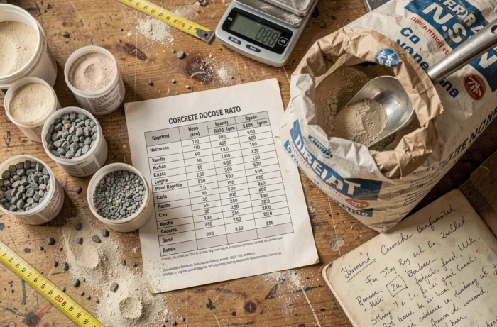 Vue en plongée des matériaux et outils de dosage pour préparer un mélange béton pour dalle