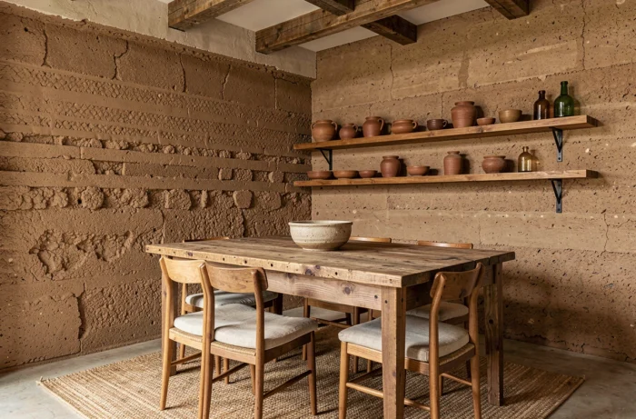 Salle à manger éco-responsable avec mur en pisé, table en pin recyclé et céramiques artisanales illustrant les matériaux durables et traçables