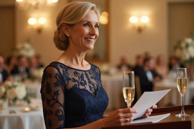 Mère de la mariée prononçant un discours émouvant et humoristique lors de la réception de mariage
