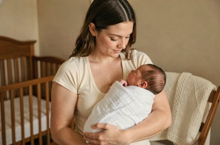 Jeune mère tenant tendrement son nouveau-né emmailloté dans un lange blanc dans une chambre de bébé cosy