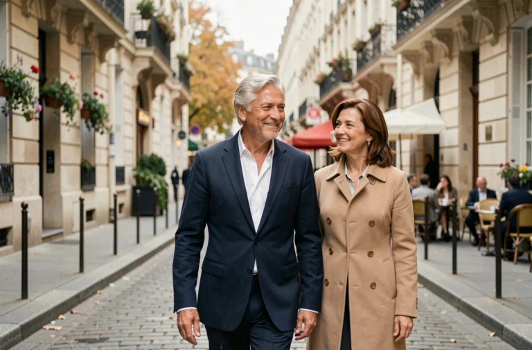 Michel Platini et sa nouvelle compagne se promenant dans une rue parisienne pavée en automne