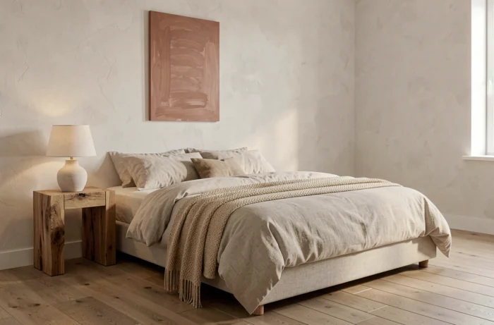 Chambre minimaliste chaleureuse avec literie en lin naturel, ton sable et chêne massif remplaçant l'esthétique tout-blanc par des nuances douces