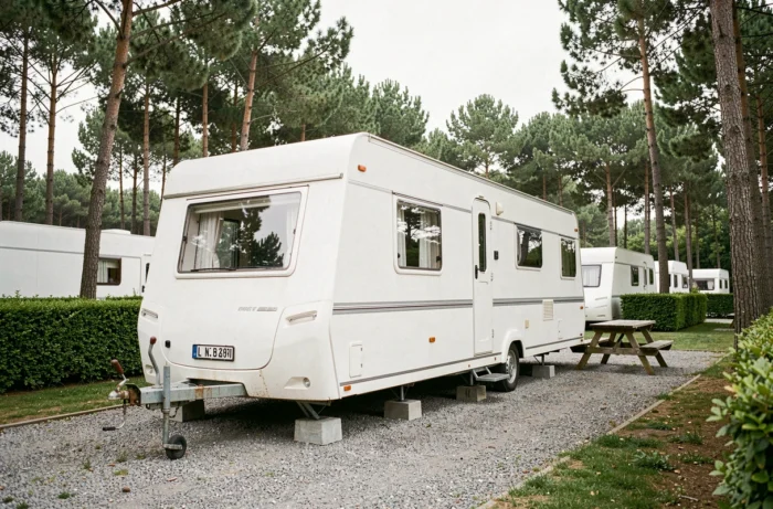 Mobil-home blanc immatriculé stationné dans un camping français entouré de pins