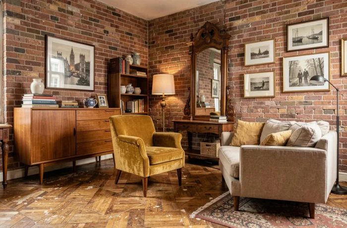 Salon décoré de meubles vintage chinés de différentes époques sans assortiment uniforme, avec parquet ancien et mur en briques apparentes