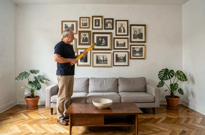 Homme créant un mur galerie avec des cadres vintage au-dessus d'un canapé mi-siècle dans un appartement au parquet en chevron