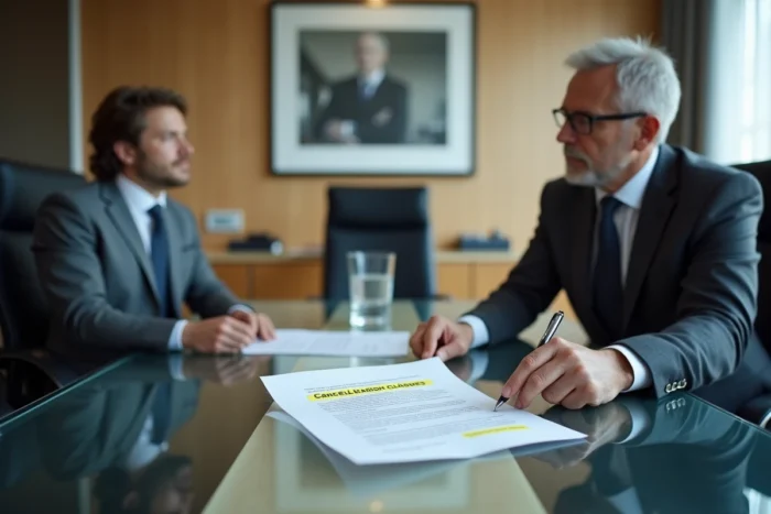 Négociateur pointant les clauses d'annulation dans un contrat prestataire lors d'une réunion professionnelle formelle.