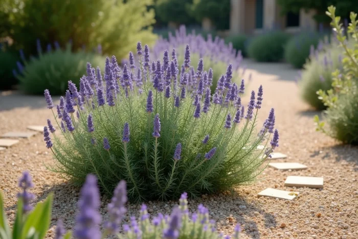 Plant de nepeta en fleur le long d'un chemin de gravier dans un jardin méditerranéen avec lavande et salvia