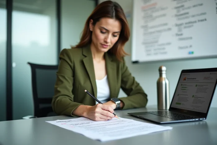 Consultante annotant une liste de contrôle ISO 20121 imprimée lors d'une réunion de planification d'événement responsable.