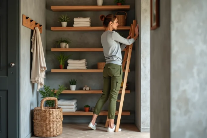 Femme organisant des étagères flottantes dans un couloir d'entrée avec plantes et paniers en osier