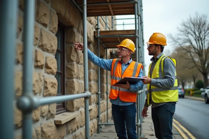 Deux ouvriers sur un échafaudage inspectant la façade en pierre d'une maison en cours de rénovation extérieure