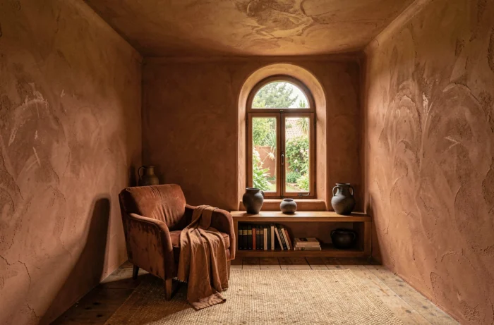 Pièce entièrement imprégnée d'une palette terreuse en terracotta avec fauteuil velours rouille et céramiques sombres dans un coin lecture