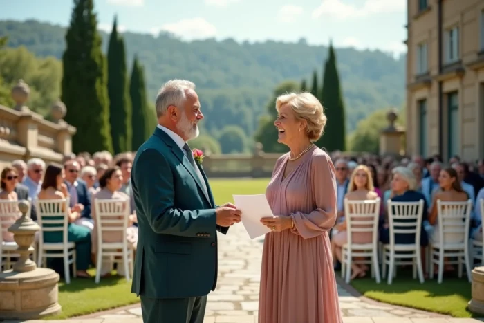 Parents de la mariée prononçant ensemble un discours humoristique et émouvant lors d'un mariage en plein air