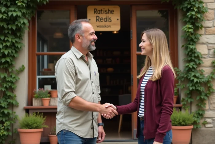 Deux professionnels se serrant la main devant une boutique artisanale à Beynat pour un partenariat commercial local