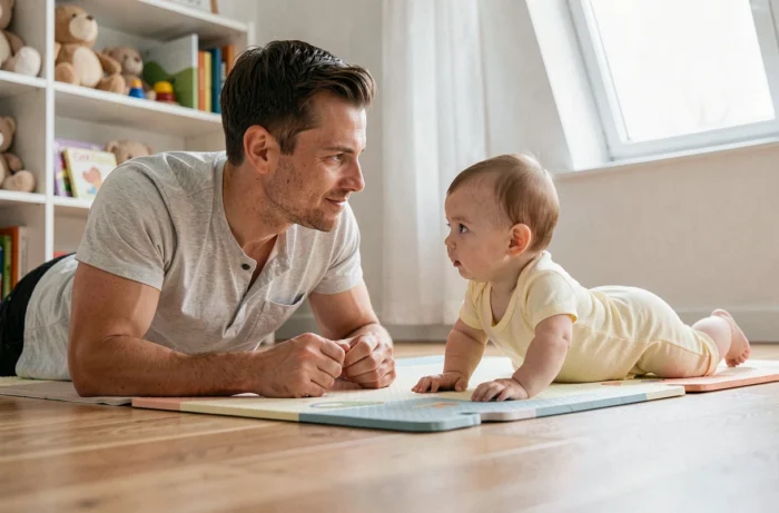Père et bébé de quatre mois face à face sur un tapis d'éveil lors de la séance de tummy time dans un salon scandinave