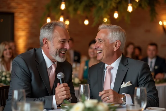 Père du marié faisant un discours drôle et touchant assis à la table des mariés