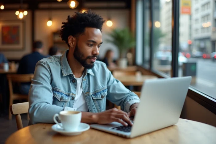 Personne dans un café utilisant un ordinateur portable pour retrouver une annonce supprimée sur Leboncoin