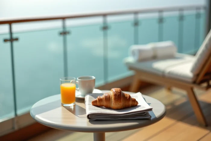 Petit-déjeuner élégant servi sur le balcon d'une cabine de croisière Costa avec vue sur l'océan