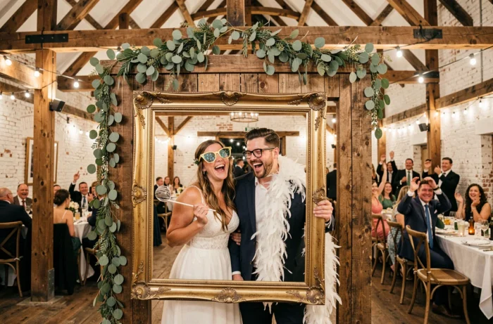 Photobooth original avec accessoires vintages lors d'une réception de mariage dans une grange rustique