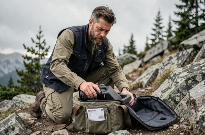 Photographe professionnel rangeant son équipement photo dans un sac protégé en montagne