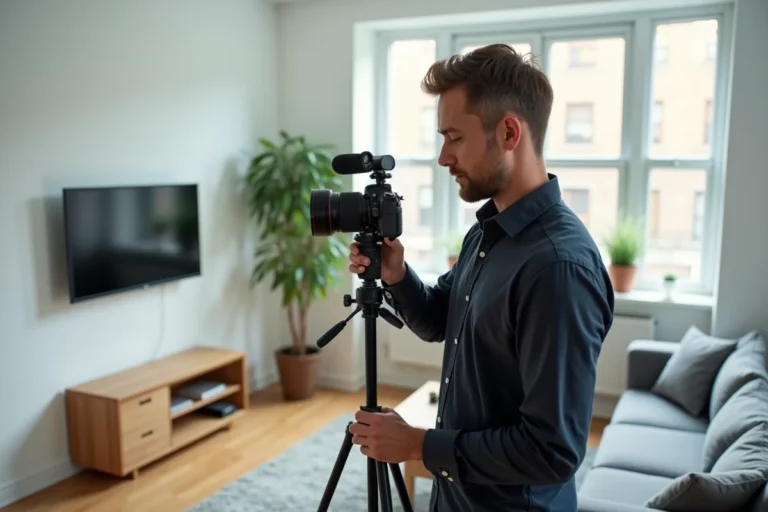 Photographe immobilier professionnel installant une caméra 360 degrés sur trépied dans un salon moderne pour réaliser une visite virtuelle de maison