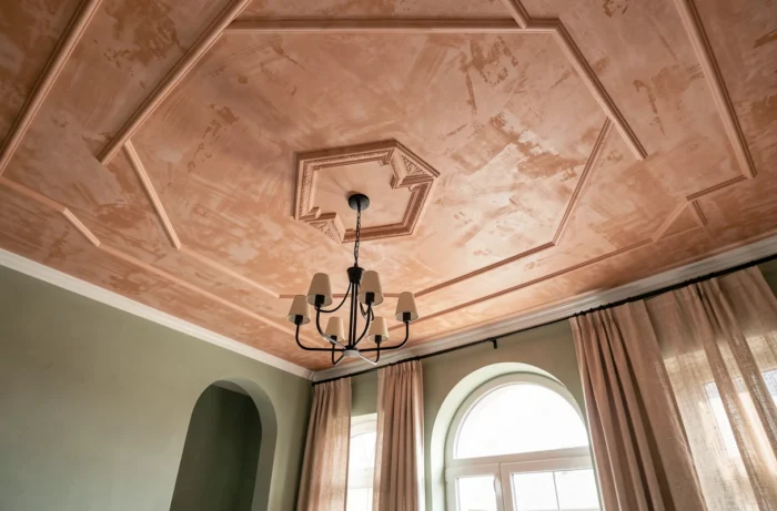 Plafond décoratif traité en stuc vénitien rose poudré avec moulures géométriques et lustre noir mat dans un salon rénové