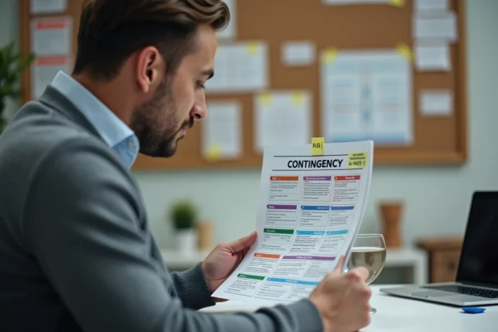 Professionnel consultant un plan de contingence documenté avec des scénarios de risques et des actions alternatives codées par couleur.