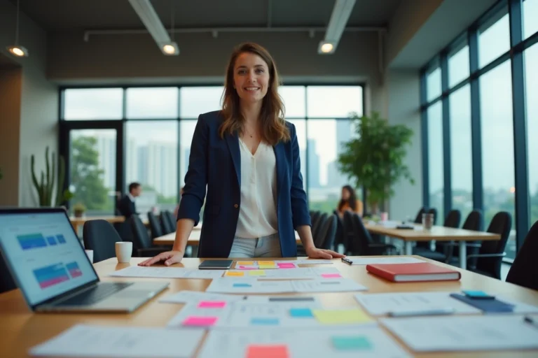 Organisatrice d'événements debout devant une table de planification couverte de notes colorées, de rétroplanning imprimé et d'un ordinateur portable dans un bureau moderne.