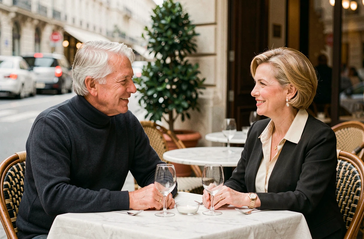 Couple élégant partageant un repas en terrasse dans un bistrot parisien chic