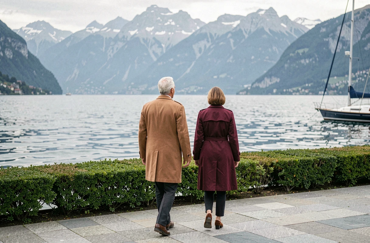 Couple se promenant au bord du lac Léman avec vue sur les Alpes suisses
