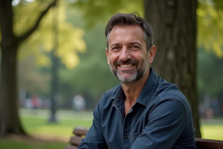Portrait candide d'un homme souriant dans un parc urbain, illustrant la vie privée d'une célébrité discrète