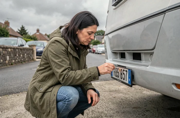 Femme fixant une plaque d'immatriculation sur un mobil-home dans une allée résidentielle
