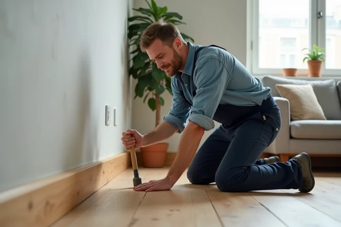 Homme installant une plinthe en bois dans un salon lors de travaux d'amélioration intérieure