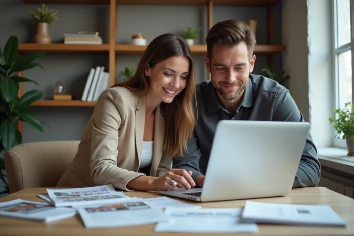 Couple étudiant des catalogues et documents pour préparer l'achat d'un bien immobilier aux enchères