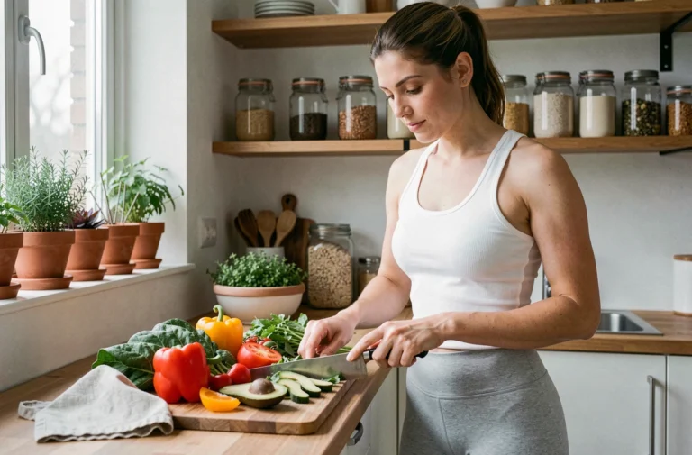 Femme préparant un repas sain et équilibré avec des légumes frais dans une cuisine moderne en bois
