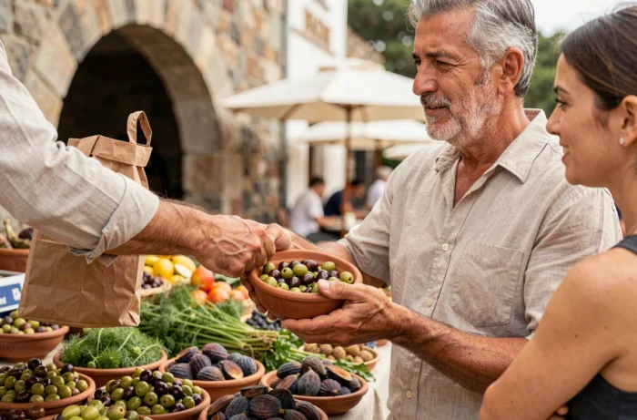 Producteur sarde remettant un sachet d'olives fraîches à une cliente sur un marché en plein air du nord de la Sardaigne