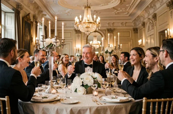 Réception de mariage intime dans un hôtel particulier parisien avec toast au champagne et décoration florale luxueuse